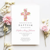 Elegant Religieuze Roze Floral Cross Baptisme Kaart