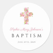 Elegant Religieuze Roze Floral Cross Baptisme Ronde Sticker (Voorkant)