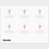 Elegant Religieuze Roze Floral Cross Baptisme Ronde Sticker (Vel)