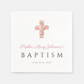 Elegant Religieuze Roze Floral Cross Baptisme Servet (Voorkant)