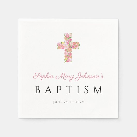 Elegant Religieuze Roze Floral Cross Baptisme Servet (Voorkant)