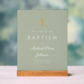Elegant Religieuze Sage Green Boy Baptism Welkom Acryl Bord (Neutraal)