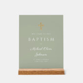 Elegant Religieuze Sage Green Boy Baptism Welkom Acryl Bord (Voorkant)