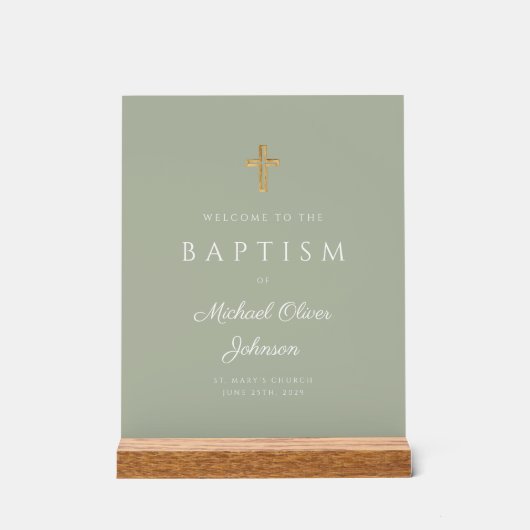 Elegant Religieuze Sage Green Boy Baptism Welkom Acryl Bord (Voorkant)