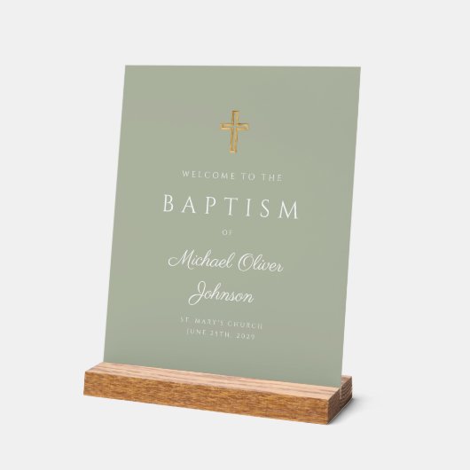 Elegant Religieuze Sage Green Boy Baptism Welkom Acryl Bord (Hoek)