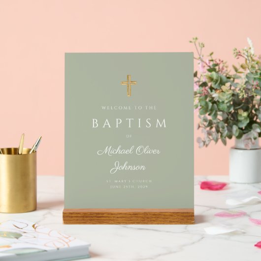 Elegant Religieuze Sage Green Boy Baptism Welkom Acryl Bord (Huwelijk)