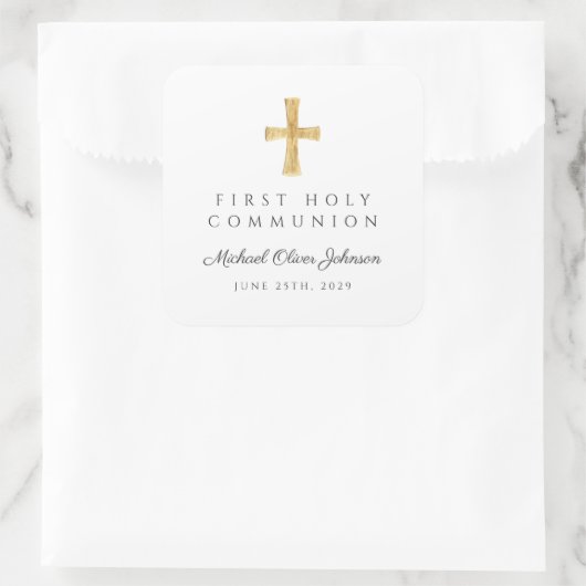 Elegant Religious Cross Boy First Community Vierkante Sticker (Tas)