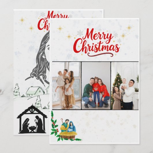 Elegant Religious Nativity Three Photo Family Chri Feestdagenkaart (Voorkant / Achterkant)