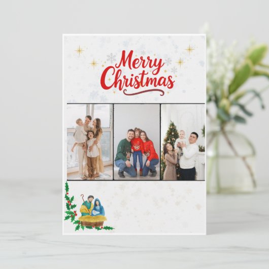 Elegant Religious Nativity Three Photo Family Chri Feestdagenkaart (Staand voorkant)