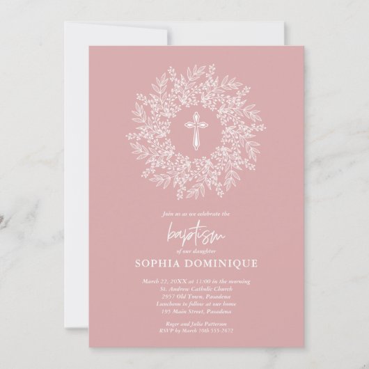 Elegant Religious Pink Cross Girl Baptism Kaart (Voorkant)