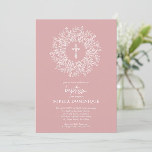 Elegant Religious Pink Cross Girl Baptism Kaart (Staand voorkant)