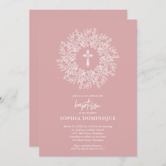Elegant Religious Pink Cross Girl Baptism Kaart (Voorkant / Achterkant)