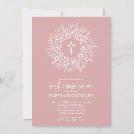 Elegant Religious Pink Cross Girl First Communion Kaart (Voorkant)