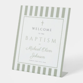 Elegant Religious Sage Green Baptism Reclamebord Met Voetstuk