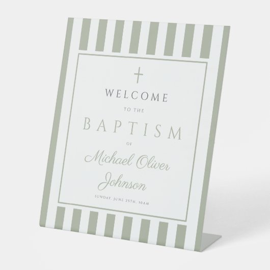 Elegant Religious Sage Green Baptism Reclamebord Met Voetstuk (Voorkant)