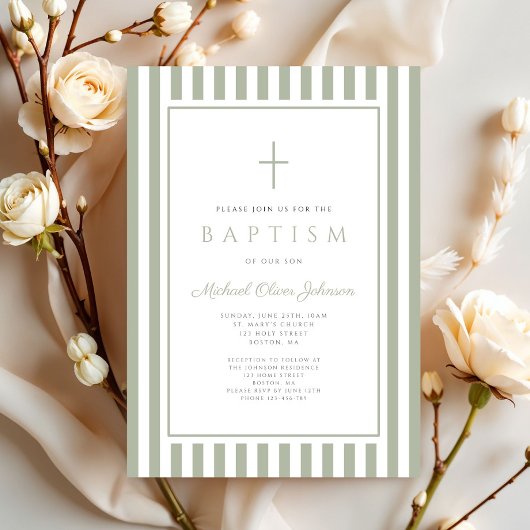 Elegant Religious Sage Green Boy Baptism Kaart