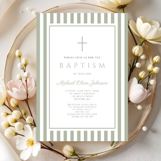Elegant Religious Sage Green Boy Baptism Kaart