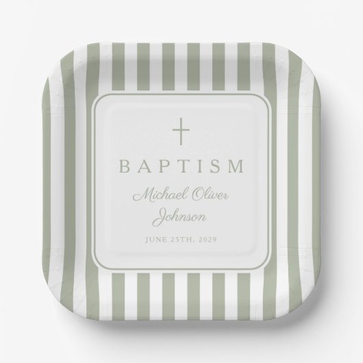 Elegant Religious Sage Green Boy Baptism Papieren Bordje (Voorkant)