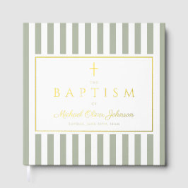 Elegant Religious Sage Green Stripes Baptism Gastenboek