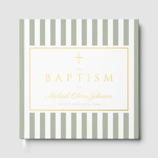 Elegant Religious Sage Green Stripes Baptism Gastenboek (Voorkant)