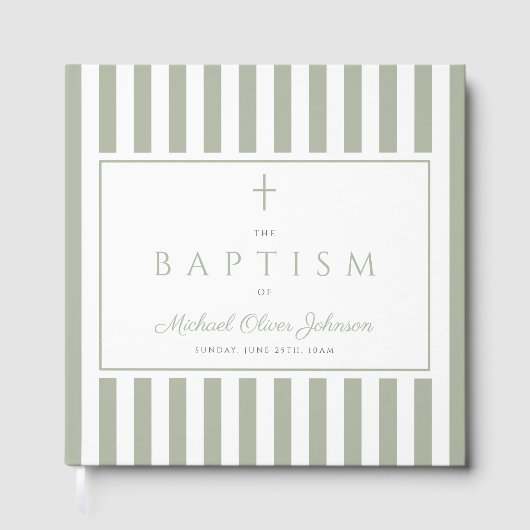 Elegant Religious Sage Green Stripes Baptism Gastenboek (Voorkant)