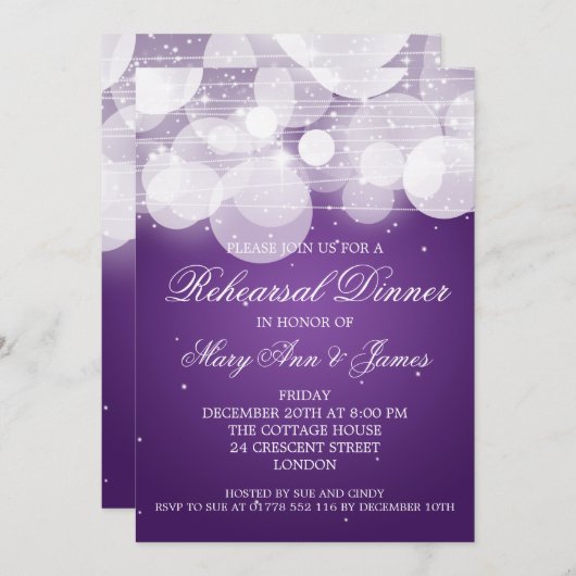 Elegant repesial Dinner Glow & Sparkle Paars Kaart (Voorkant / Achterkant)