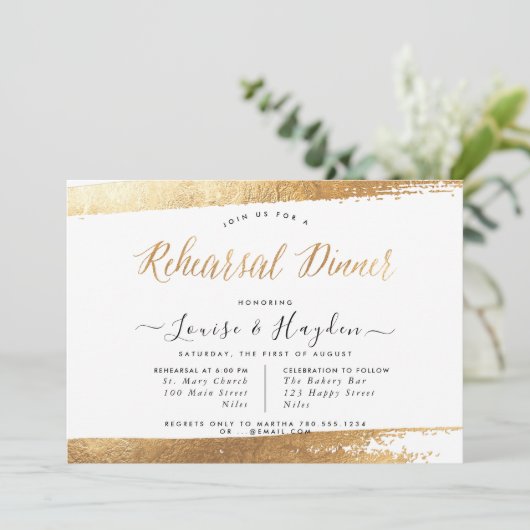 Elegant repetitiediner, faux goud + modern script aankondiging (Staand voorkant)
