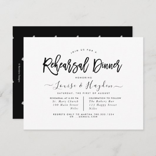 Elegant repetitief diner, handgeschreven penseelsc aankondiging (Voorkant / Achterkant)