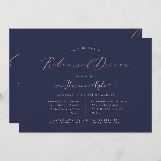 Elegant repetitief diner, Roos Gold Luxe script Kaart (Voorkant / Achterkant)