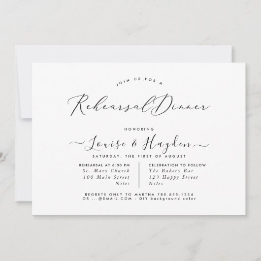 Elegant repetitief diner, zwart wit luxe script kaart (Voorkant)