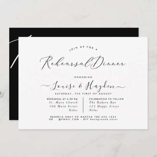 Elegant repetitief diner, zwart wit luxe script kaart (Voorkant / Achterkant)