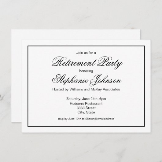 Elegant Retirement Black en White Script Party Kaart (Voorkant / Achterkant)