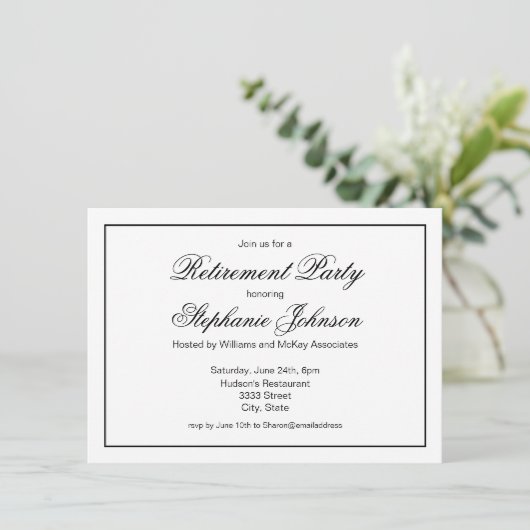 Elegant Retirement Black en White Script Party Kaart (Staand voorkant)