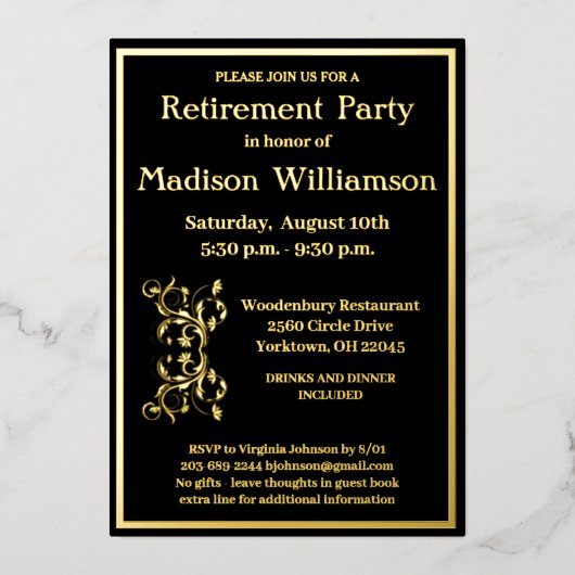 Elegant retirement Black REAL Gold Folie Uitnodiging (Voorkant)