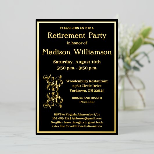 Elegant retirement Black REAL Gold Folie Uitnodiging (Staand Voorkant)