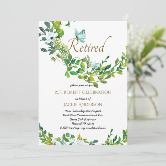 Elegant RETIREMENT Invitations Botanische Greenery Kaart (Staand voorkant)
