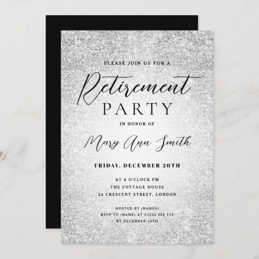 Elegant Retirement Party Glam Silver Glitter Kaart (Voorkant / Achterkant)