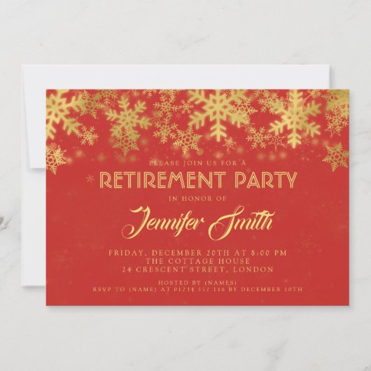 Elegant Retirement Party Gold Foil Snowflakes Red Kaart (Voorkant)