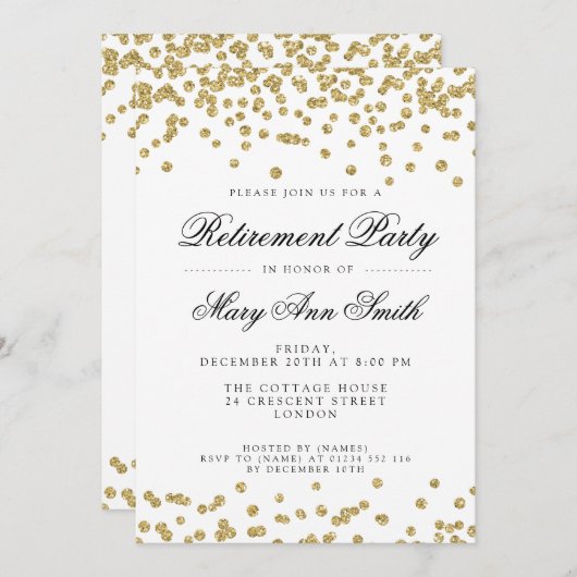 Elegant Retirement Party Gold Glitter Confetti Kaart (Voorkant / Achterkant)