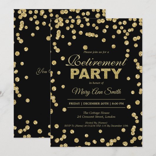 Elegant Retirement Party Gold Glitter Confetti Kaart (Voorkant / Achterkant)
