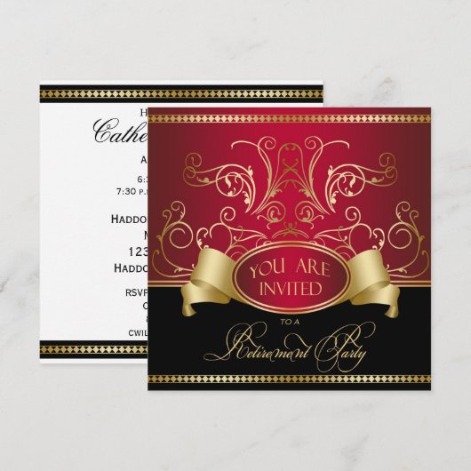 Elegant Retirement Party Invitation Red Gold Bl Kaart (Voorkant / Achterkant)