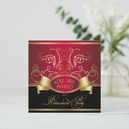 Elegant Retirement Party Invitation Red Gold Bl Kaart (Staand voorkant)