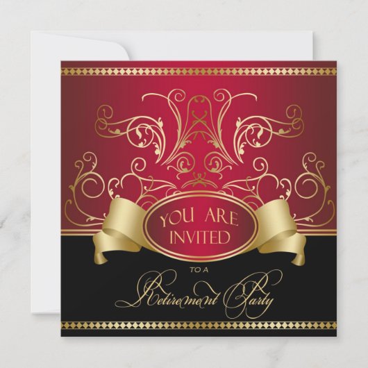 Elegant Retirement Party Invitation Red Gold Bl Kaart (Voorkant)