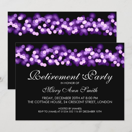 Elegant Retirement Party Paarse Hollywood Glam Kaart (Voorkant / Achterkant)