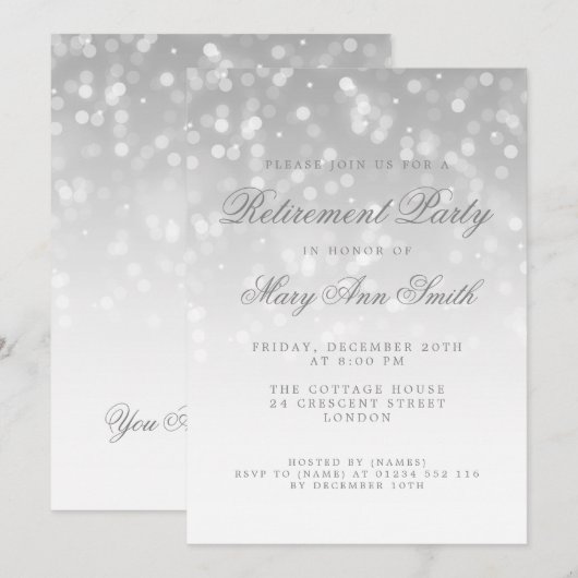 Elegant retirement Party Silver Sparkle Lights Kaart (Voorkant / Achterkant)