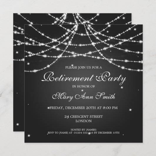 Elegant Retirement Party String of Stars Black Kaart (Voorkant / Achterkant)