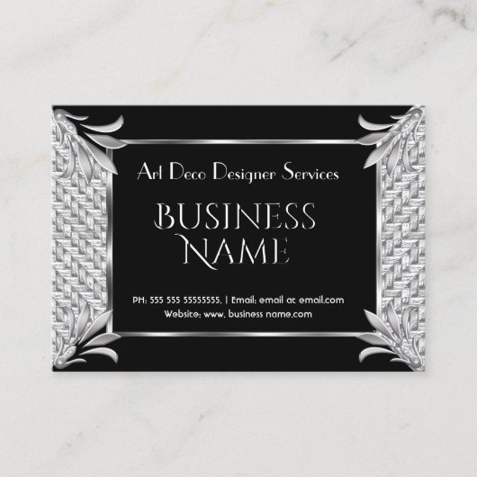Elegant Retro Art Deco Black Silver Rattan Visitekaartje (Voorkant)