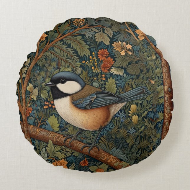 Elegant Retro Art Nouveau woodland bird Rond Kussen (Voorkant)