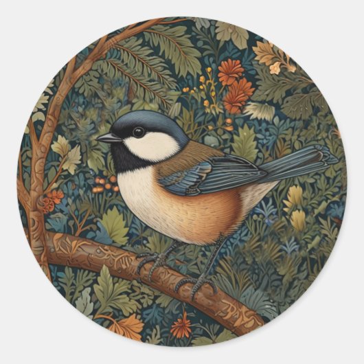 Elegant Retro Art Nouveau woodland bird Ronde Sticker (Voorkant)