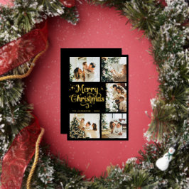 Elegant Retro Black & Gold Merry Christmas Family Folie Feestdagenkaart